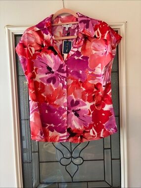 Madison d’ Amelie Pink Red & Purple Floral Cap-Sleeve Button-Front Blouse